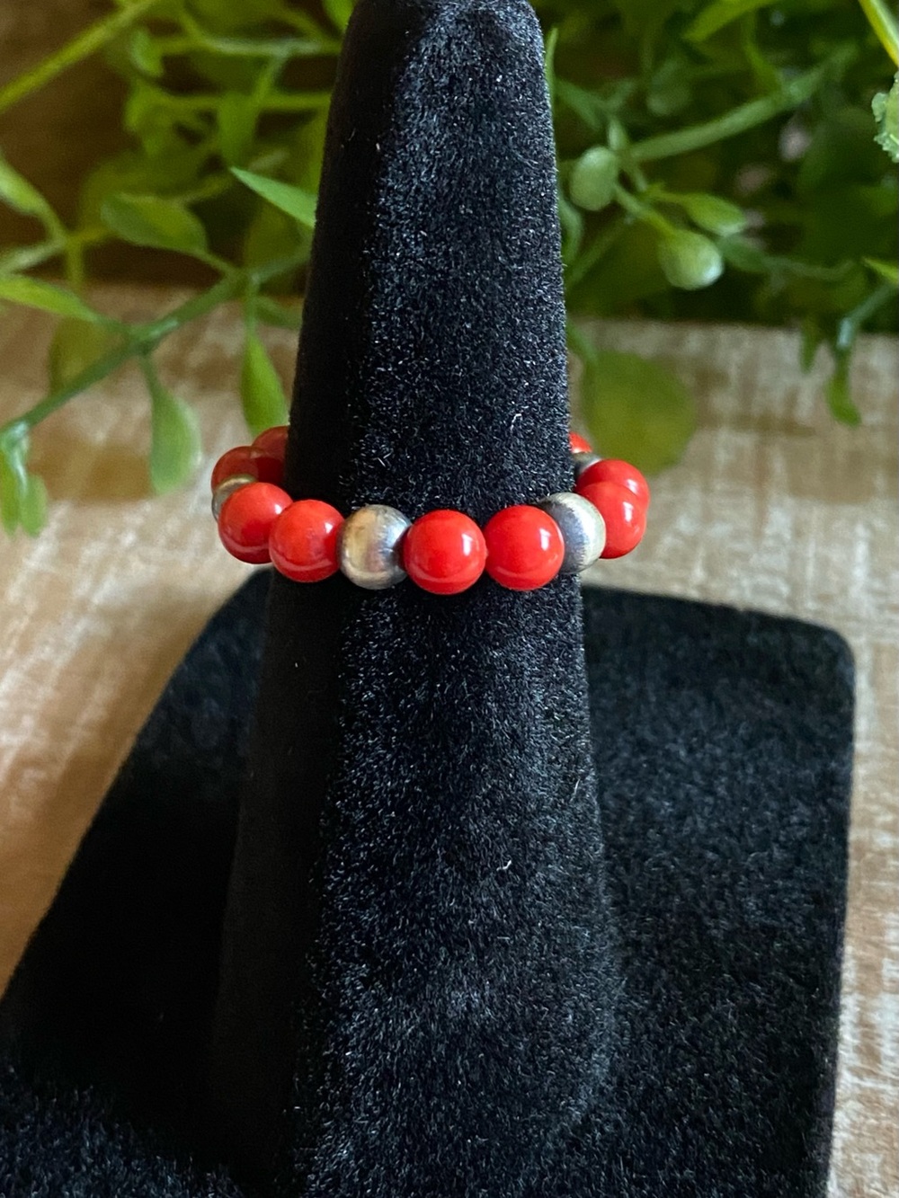 R58 Red Coral desert pearl sterling silver stretch stacker ring | size: ADJ 4-8